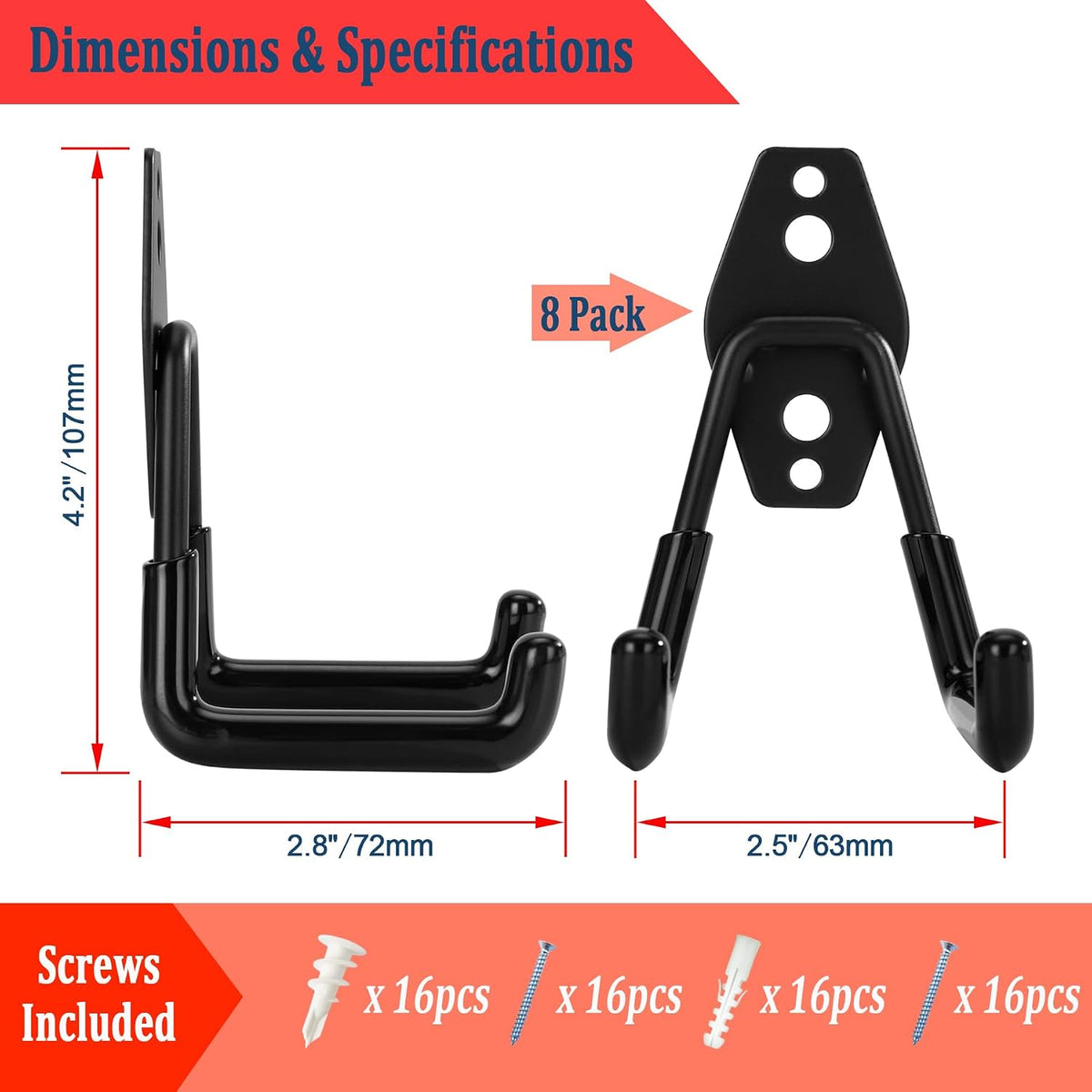 8 Pack Garage Hooks Heavy Duty, Garage Tool Organizer Wall Mount