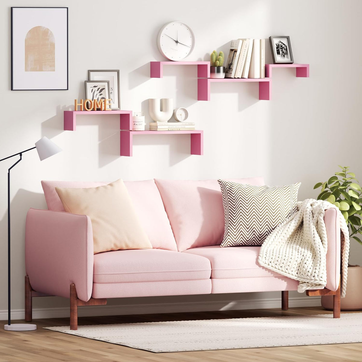 SRIWATANA Pink Floating Shelves, Set of 5 Solid Wood Wall Mounted Shelves