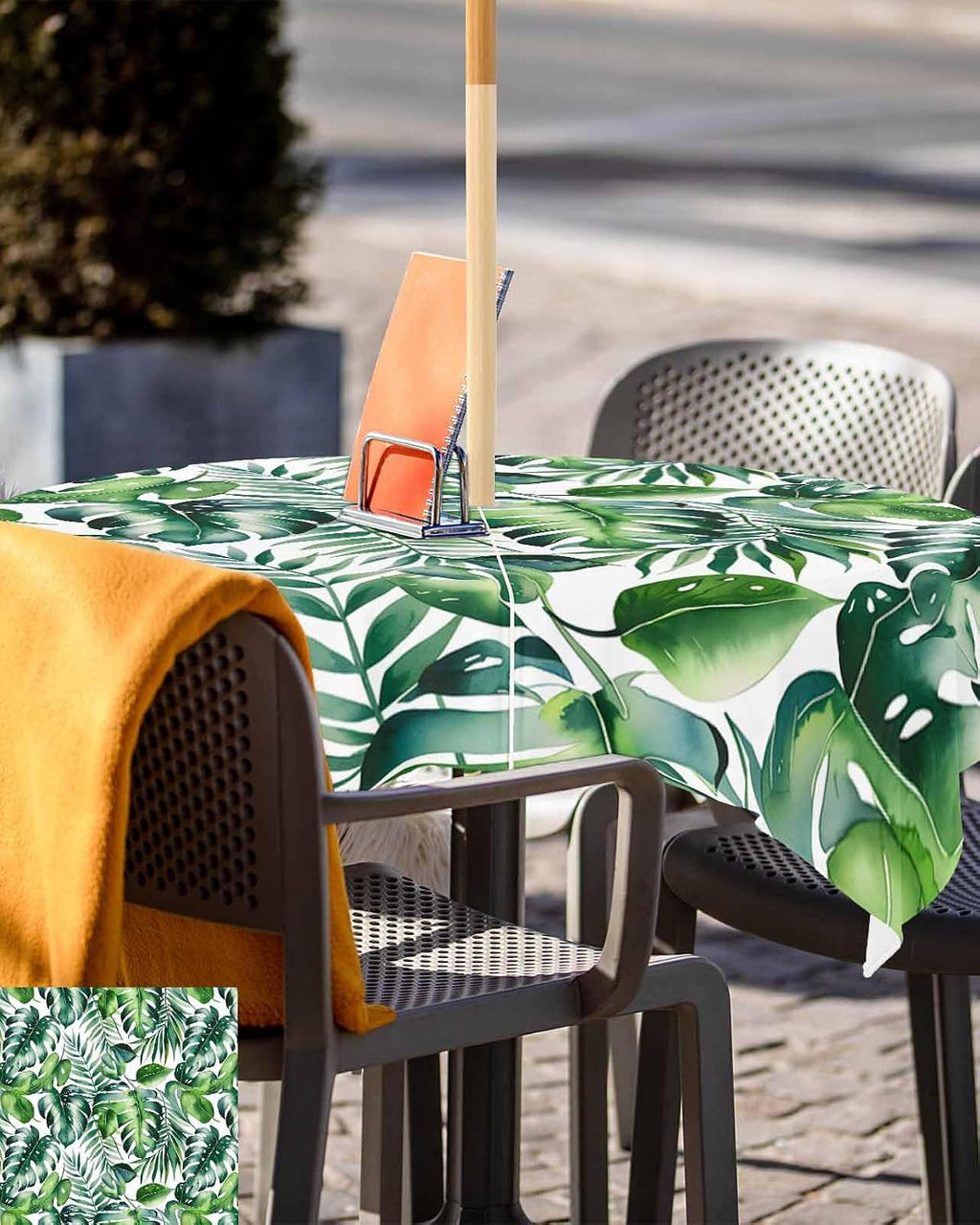 Green Tropical Palm Leaves Square Outdoor Tablecloth with Umbrella Hole and Zipper, Waterproof Summer Botanical Leaf Table Cloth Cover, Watercolor Plants Table Protector for Patio Party 54"x54"