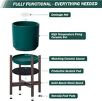 D'vine Dev Ceramic Pot with Walnut Wood Stand, Teal, 10 in, 55-B-X-4