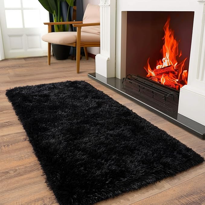 Soft Runner Rugs for Bedroom Hallways, 2x4 Black Fluffy Shag Throw Area Rug Non - Image 3