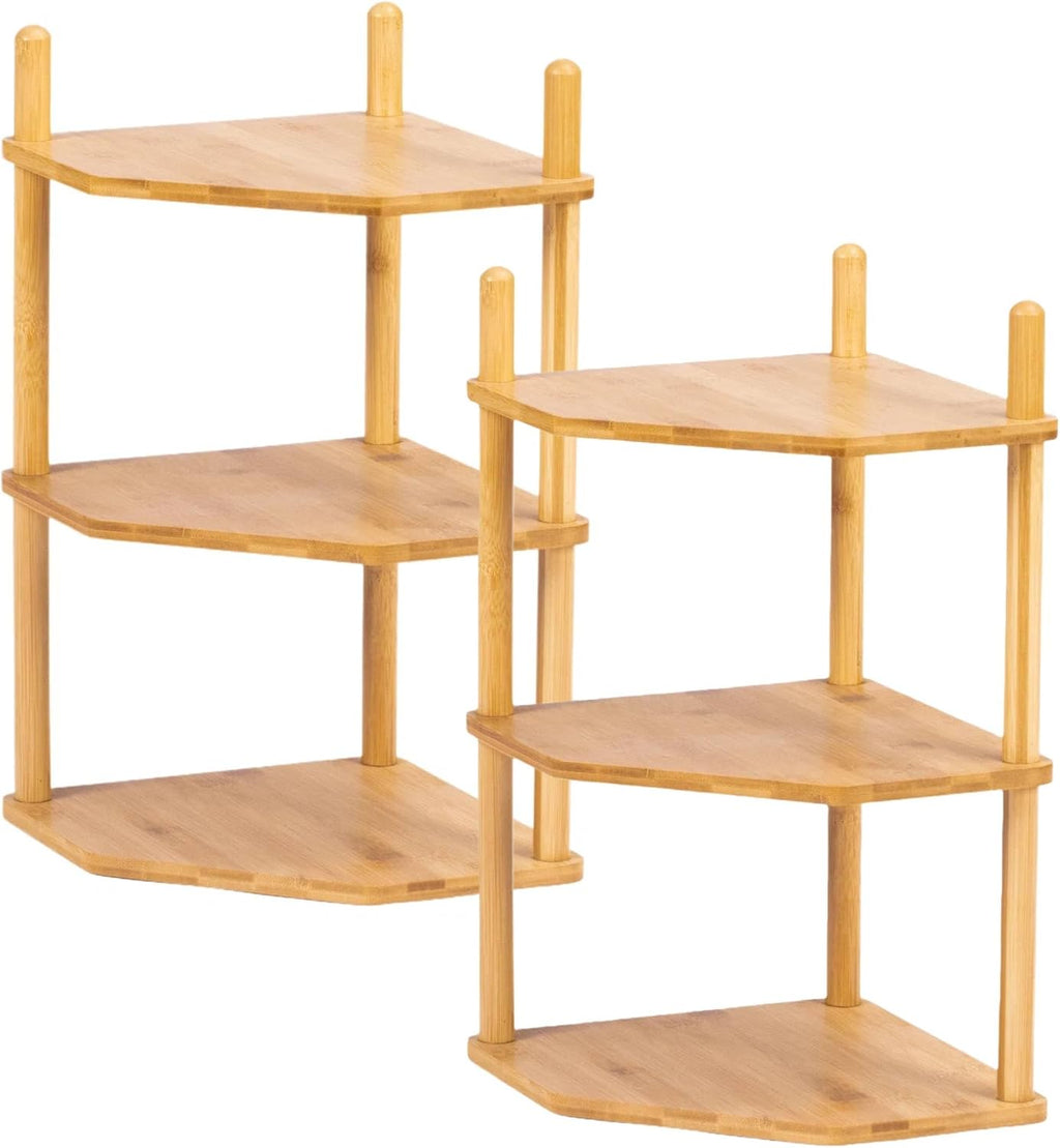 2Pc 3‑Tier Bamboo Corner Shelf, Countertop Storage Organizer,Natural