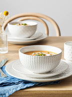 LE TAUCI Ceramic Dishes Set for 4, 12 Piece Plates and Bowls Sets, Embossed Kitchen Dinnerware Sets, Chip Resistant, Microwave & Dishwasher Safe, Arctic White (8"&10" Plate, 26oz Bowl)