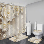 Chrainy 4pcs Beige Flowers Shower Cutain Bathroom Decor Sets with Rugs