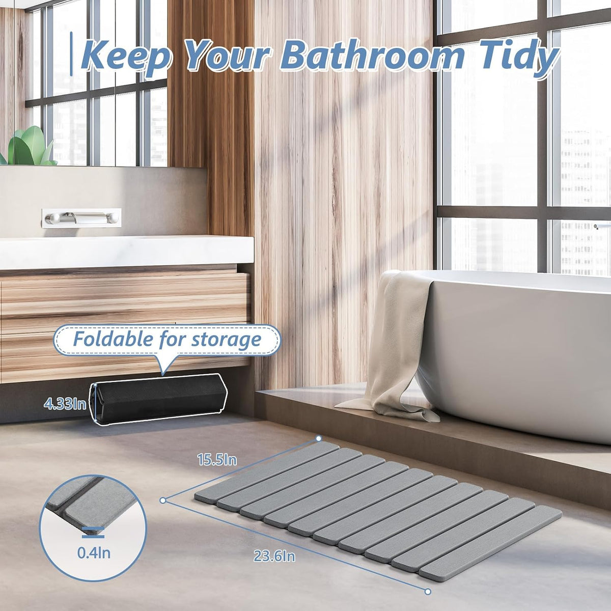 AWW Foldable Stone Bath Mat, Diatomaceous Quick Dry Shower Mat, Grey