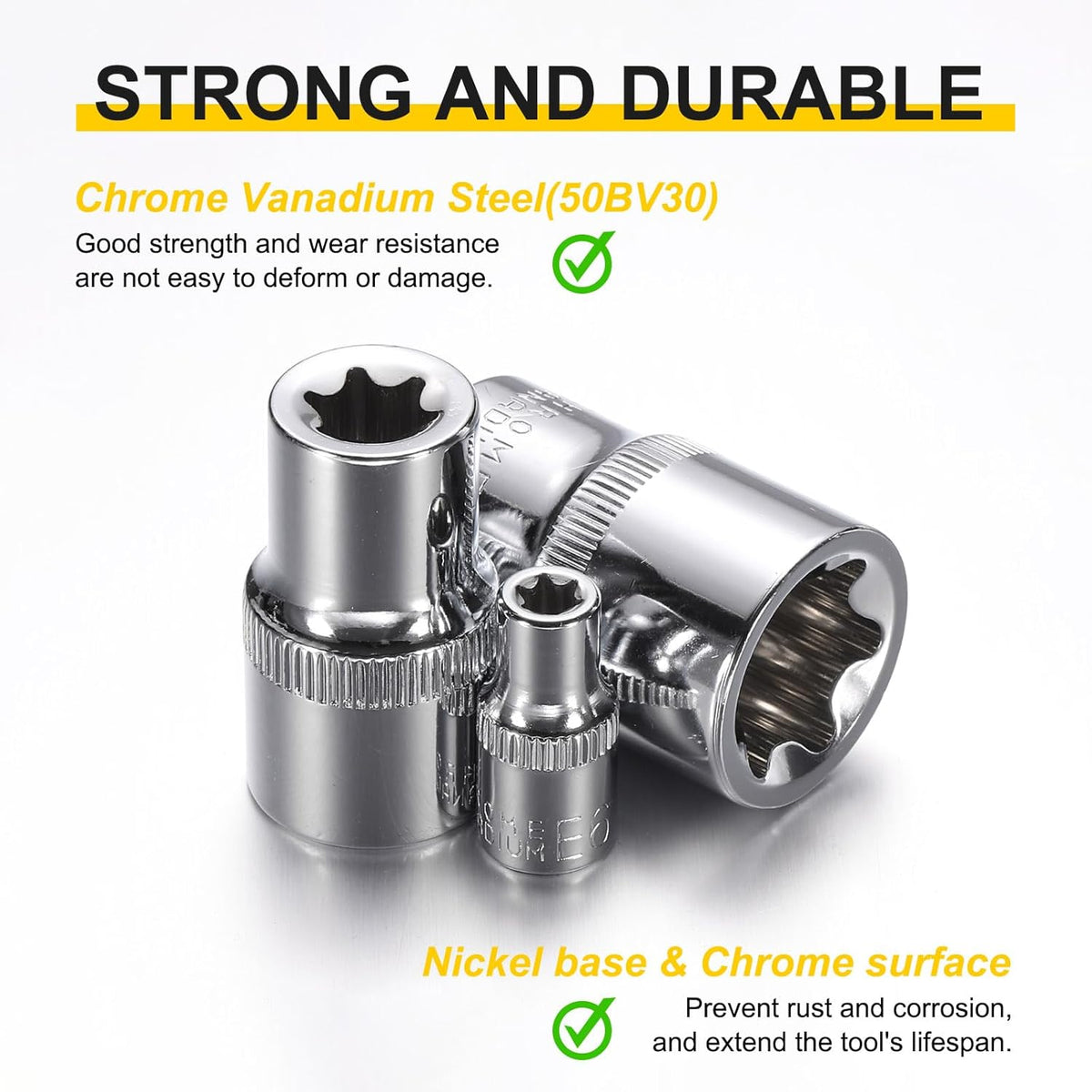 HARFINGTON 5pcs E-Torx Socket 3/8" Drive E18 Star Female Socket 1.1" Length