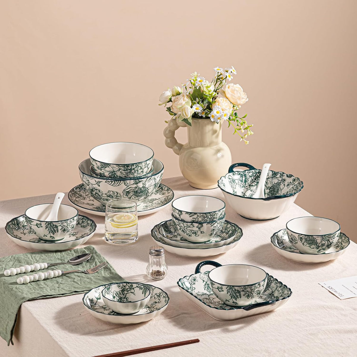 Ceramic Dinnerware Set, Series Kavara Ⅱ, (Green Rose)