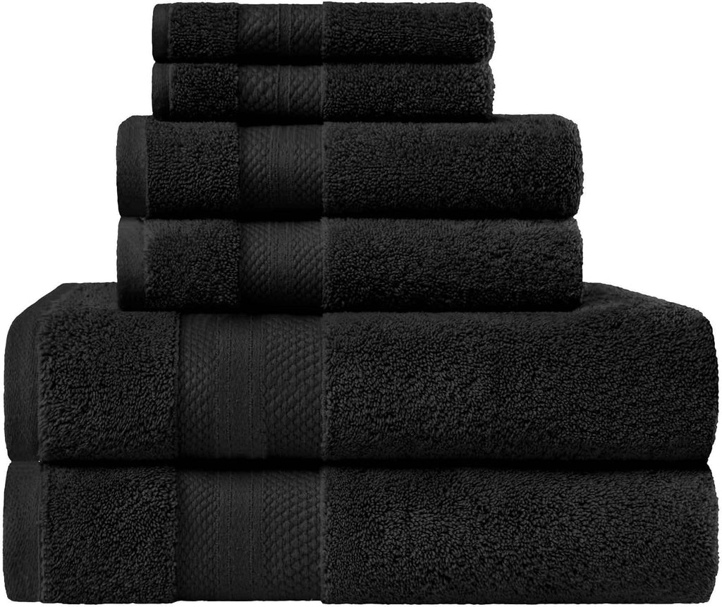 SUPERIOR Turkish Cotton 6-Piece Towel Set, Assorted Towels for Guest Bath, Master Bathroom, Shower, Quick Dry, Adults, Kids, Home Essentials, Spa, Hotel, Soft Plush Towel Collection, Black