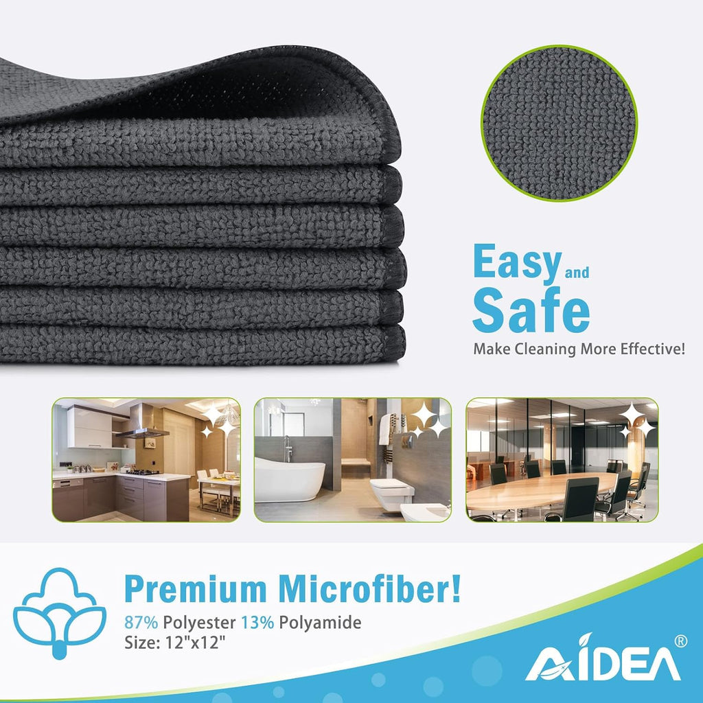 AIDEA Gray Microfiber Cleaning Cloth-100PK, Cleaning Rags 12"x12" Absorbent