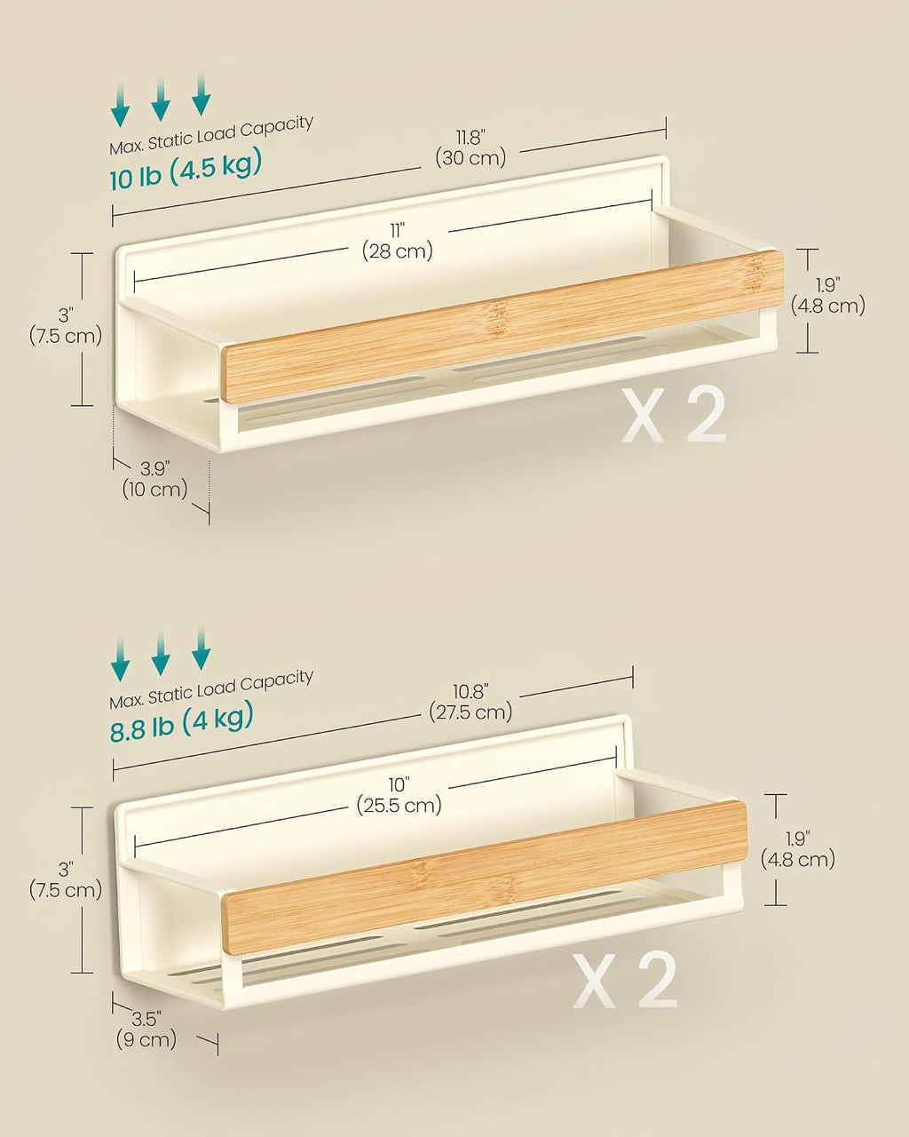 SONGMICS 4-Pack Strong Magnetic Real Bamboo Spice Racks for Fridge