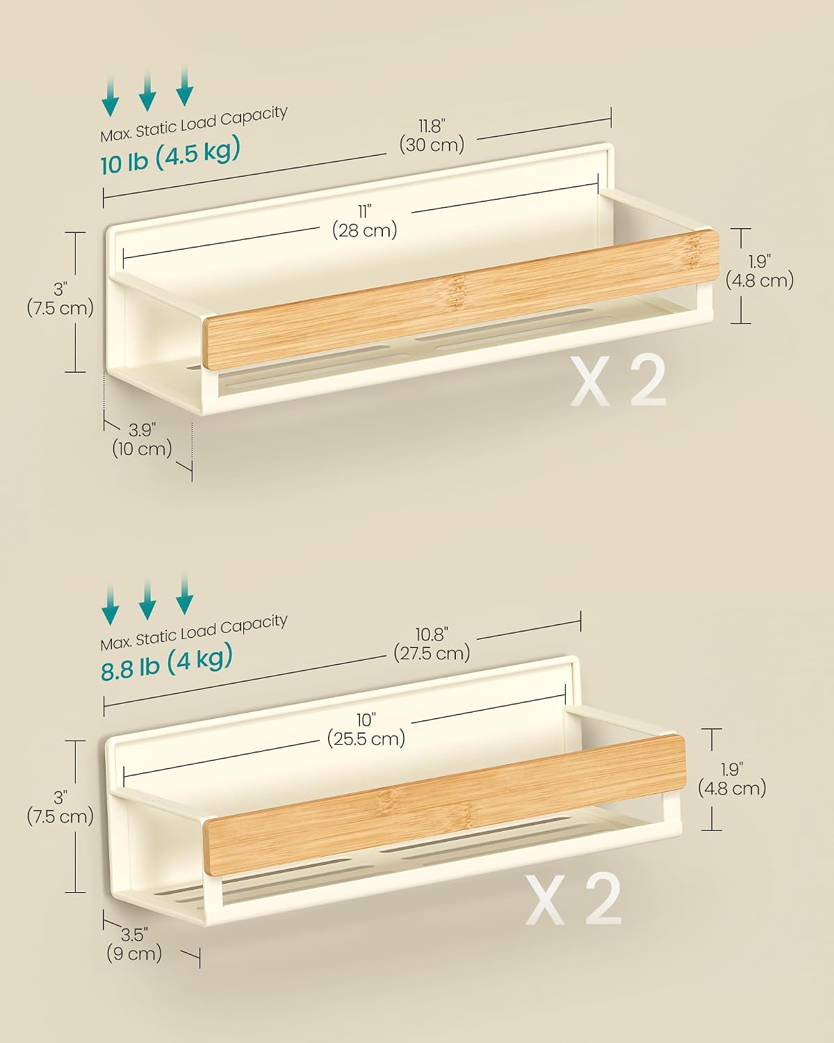 SONGMICS 4-Pack Strong Magnetic Real Bamboo Spice Racks for Fridge