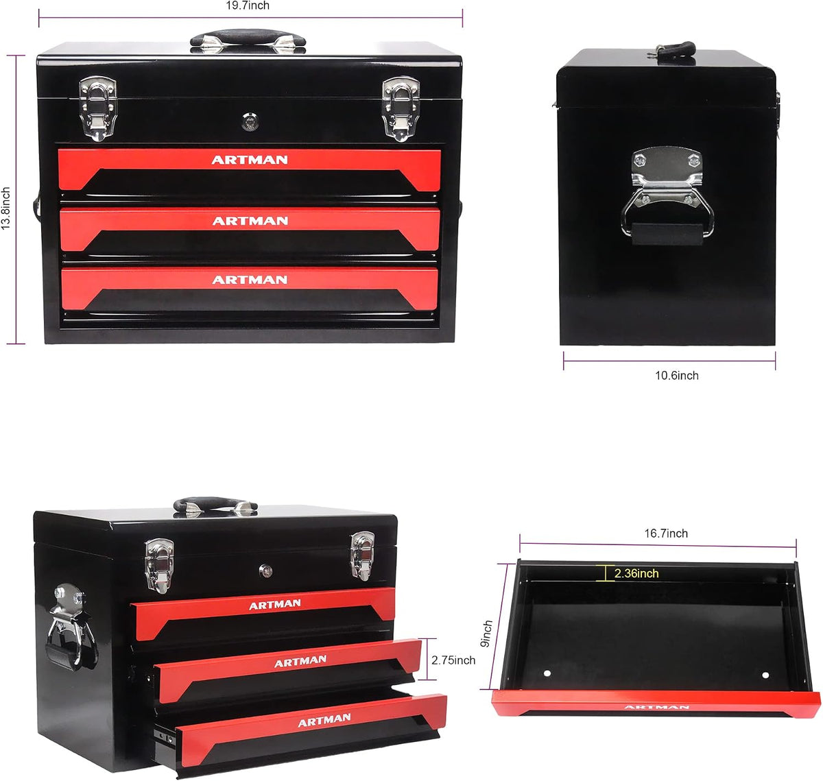 3 Drawers Tool Box with Key Locking and Ball-Bearing Drawers,Multifunctional Home Repair Kit w/Wrench/Screwdriver/Pliers/Hammer,for DIY Enthusiast,Mechanic, Maintenance Worker,Black