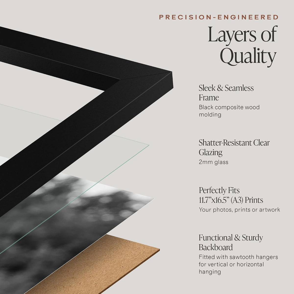 Americanflat A3 Picture Frame with Shatter-Resistant Glass - 11.7x16.5 Frame with Engineered Wood - Signature Collection - A3 Frames for Wall Display - Black