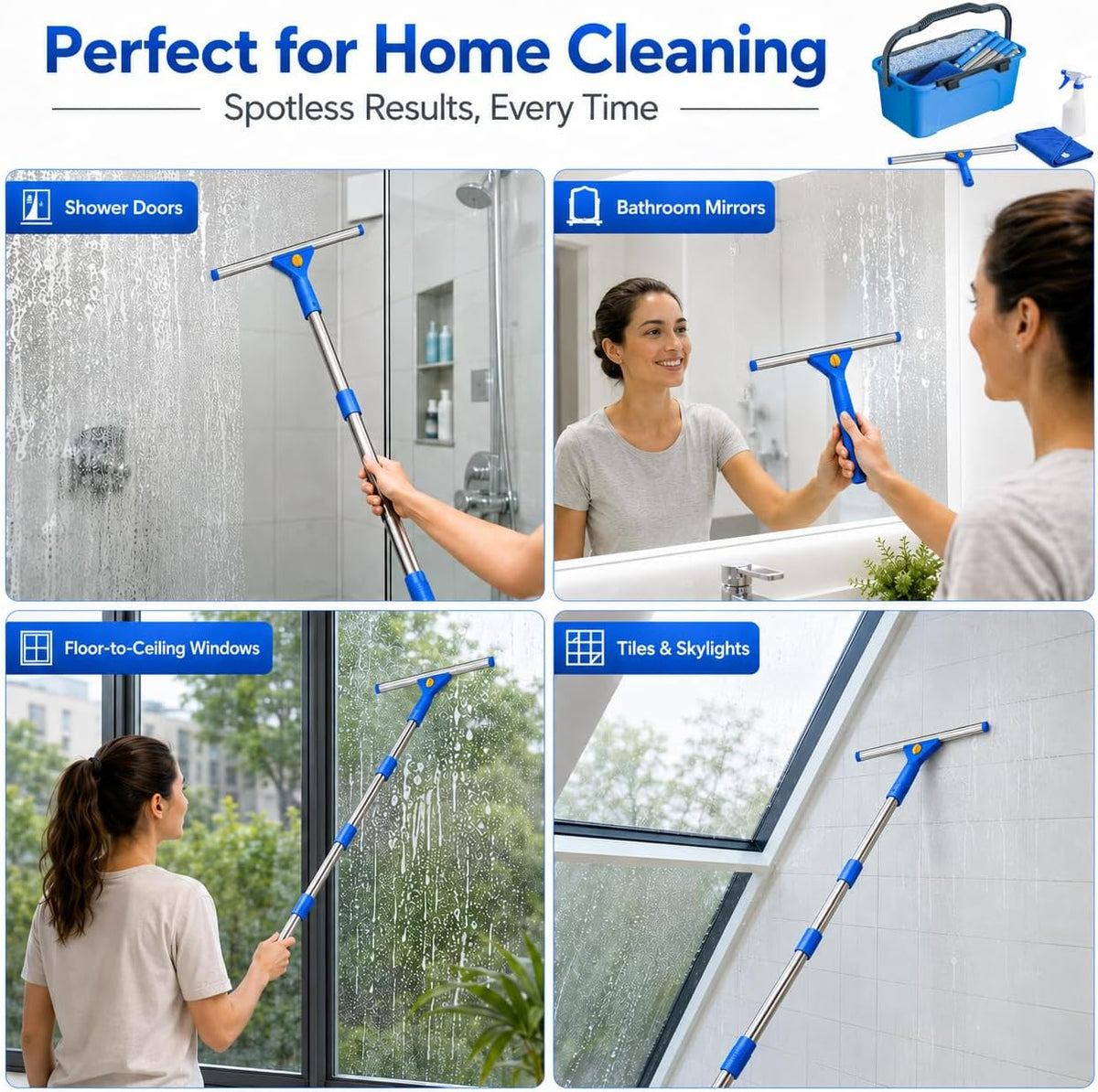 Window Cleaning Kit with 3 Gal Bucket,14''Squeegee and 15''Scrubber