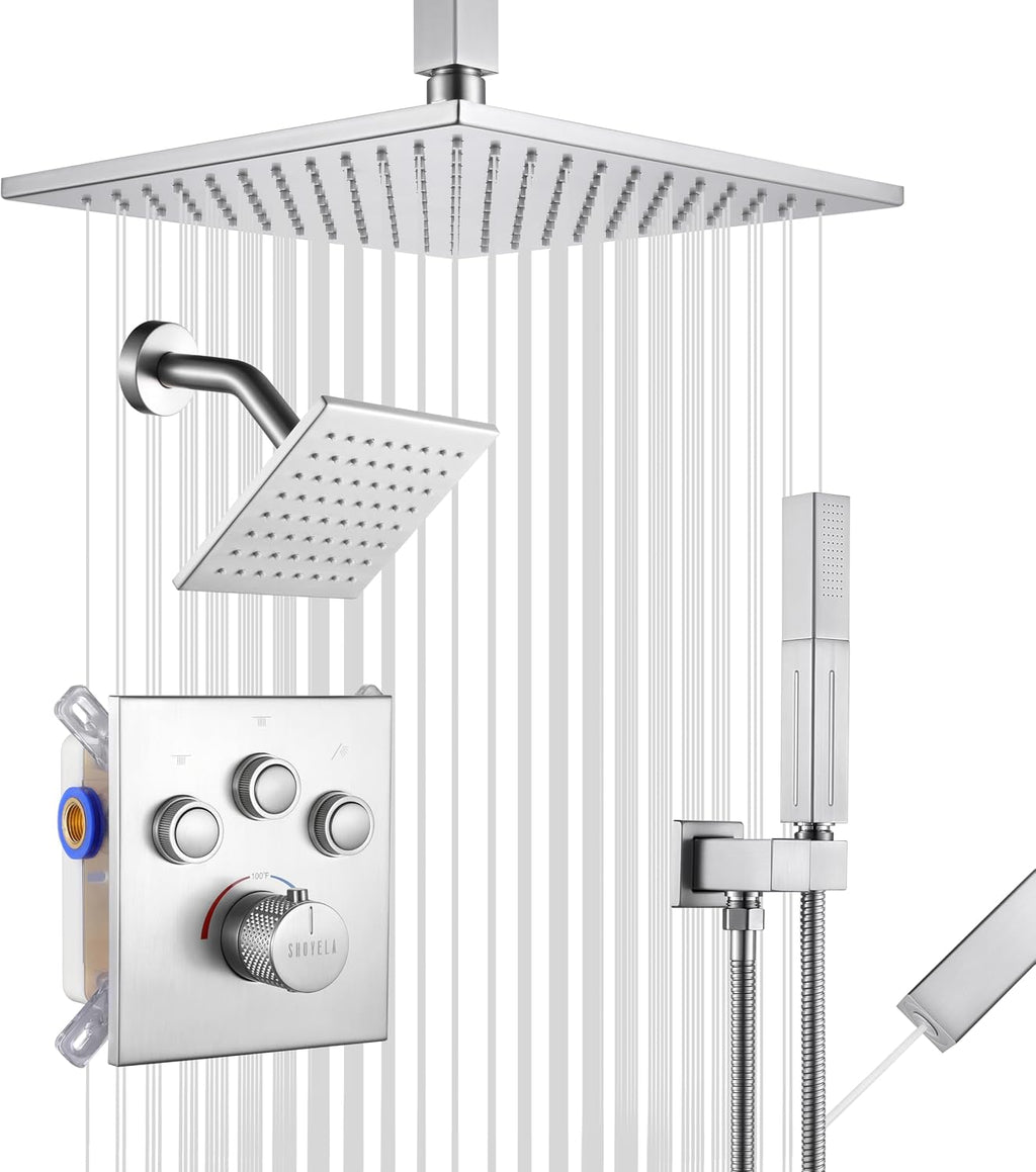 Thermostatic Shower System Brushed Gold, Push Button Diverter Shower Faucet with 2 in 1 Handheld, Ceiling Mount 12 Inch Shower Head with 6 Inch Wall Mount Shower Head