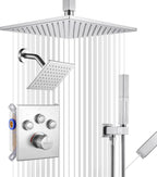 Thermostatic Shower System Brushed Gold, Push Button Diverter Shower Faucet with 2 in 1 Handheld, Ceiling Mount 12 Inch Shower Head with 6 Inch Wall Mount Shower Head