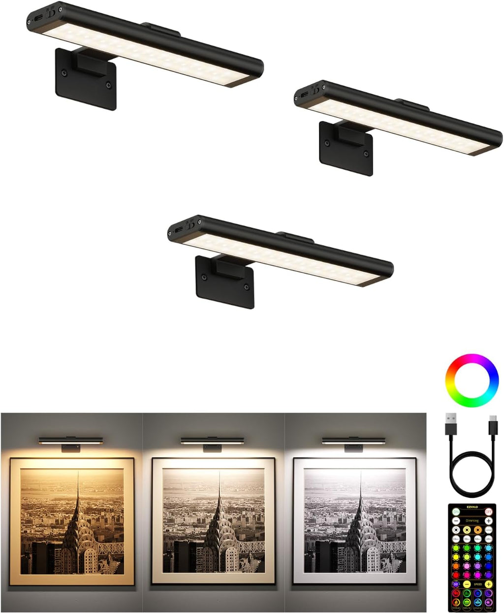 EZVALO RGB Picture Light for Wall, 2400mAh Wireless Rechargeable Color Changing Art Light with Remote, 16 Colors, Dimmable Magnetic LED Display Lights for Painting, Bedroom, Gaming Room (Black-3P)