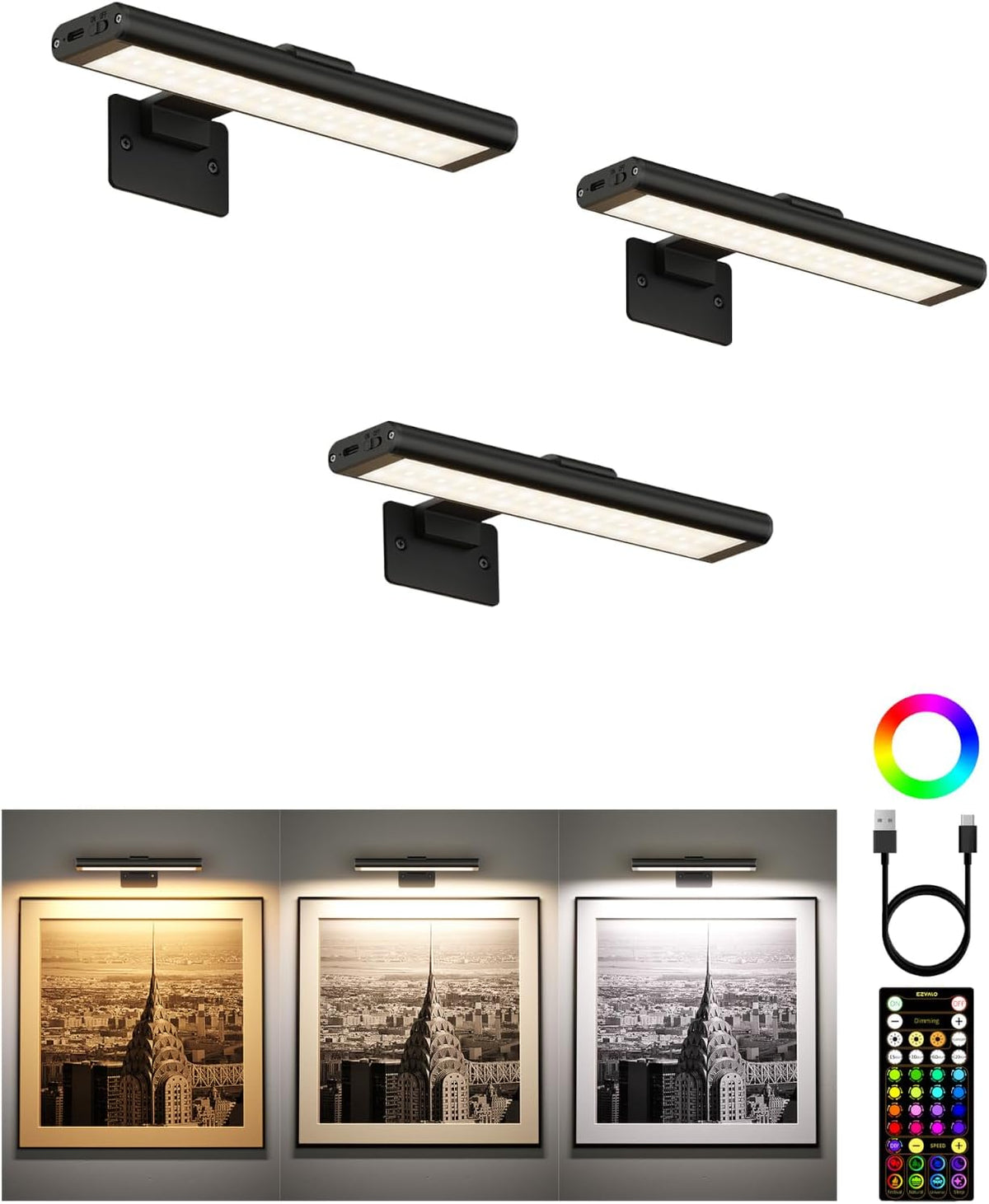 EZVALO RGB Picture Light for Wall, 2400mAh Wireless Rechargeable Color Changing Art Light with Remote, 16 Colors, Dimmable Magnetic LED Display Lights for Painting, Bedroom, Gaming Room (Black-3P)