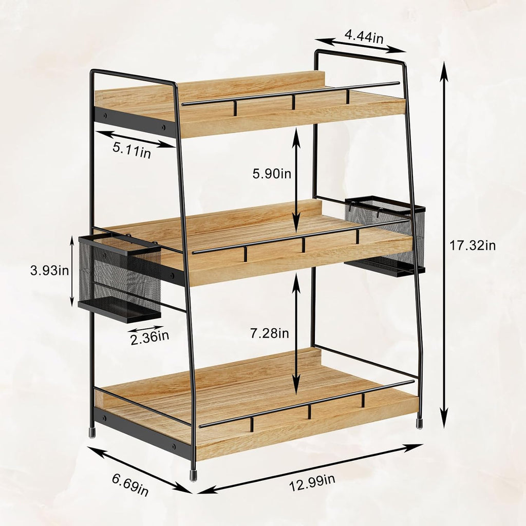 Wood 3 Tier Bathroom Counter Organizer with Side Baskets Fits Tall Bottles
