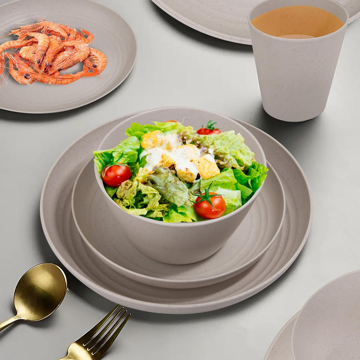 LIYH Beige 48 Pcs Unbreakable Wheat Straw Dinnerware Sets Kids RV BPA Free