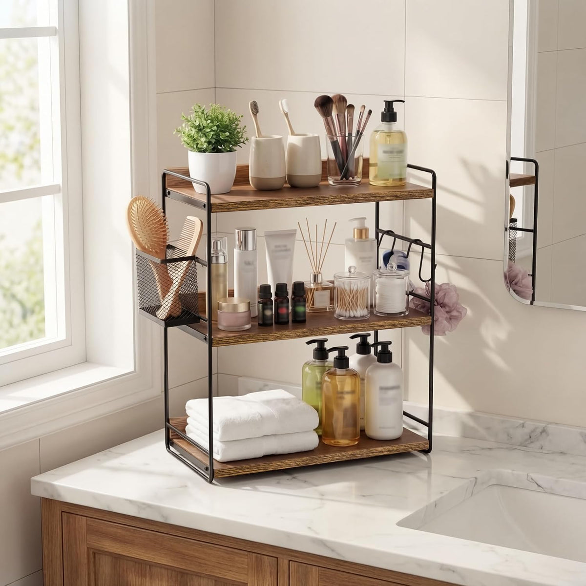 3-Tier Bathroom Counter Organizer and Storage with Basket, Brown