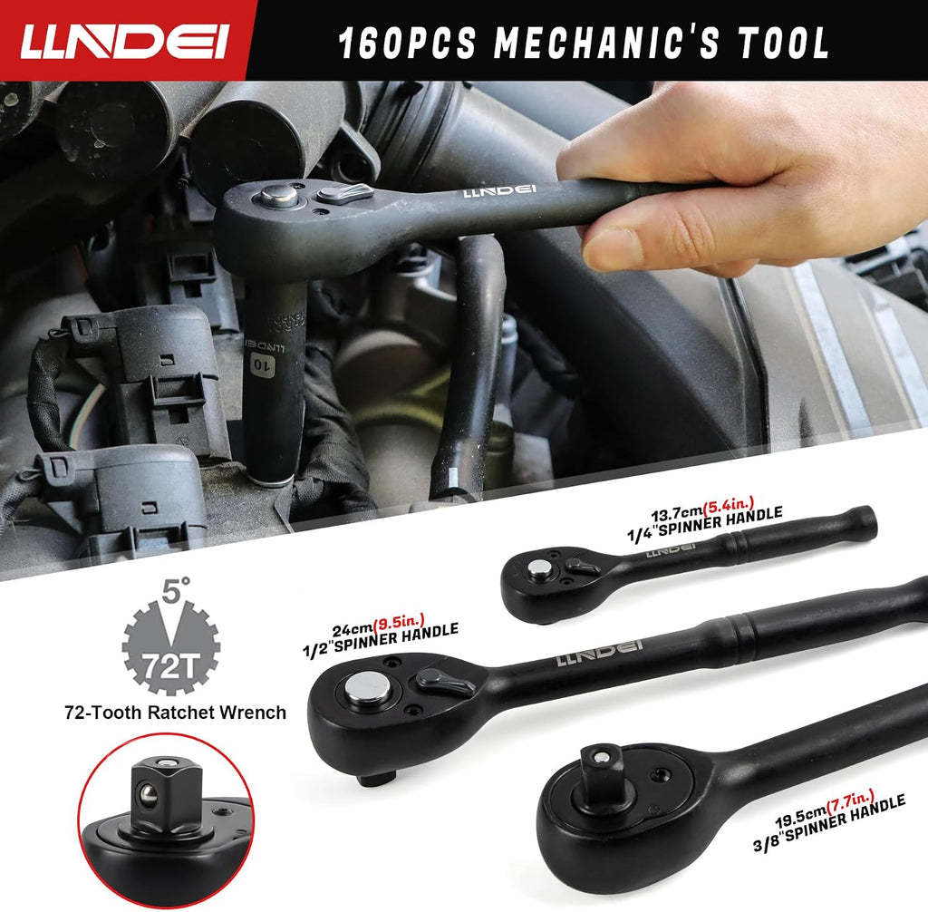 LLNDEI 160Pc Mechanics Socket Set 1/2 1/4 3/8" Drive Metric