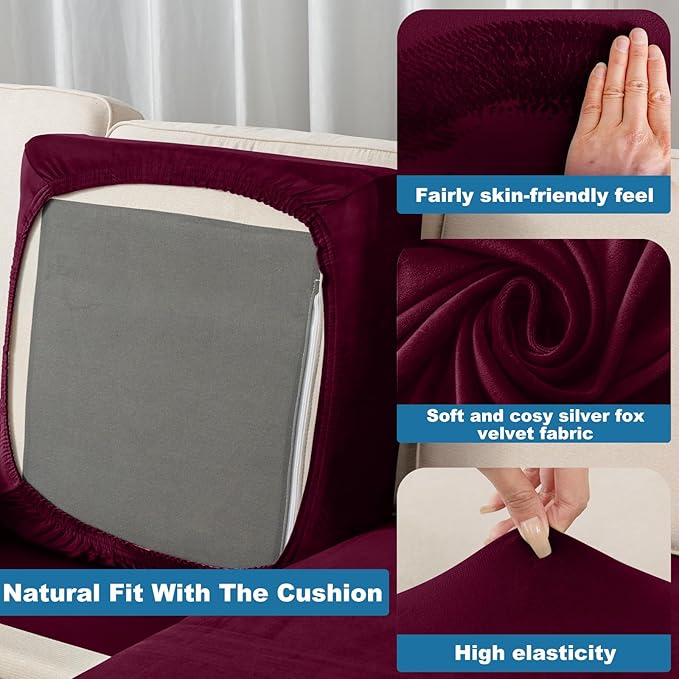 Couch Cover 6-Piece Elastic Velvet Couch Cushion Covers & Chaise Slipcovers - Image 4