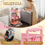 Diaper Cart with Lockable Wheels and Easy Assembly, 3 Tier Pink