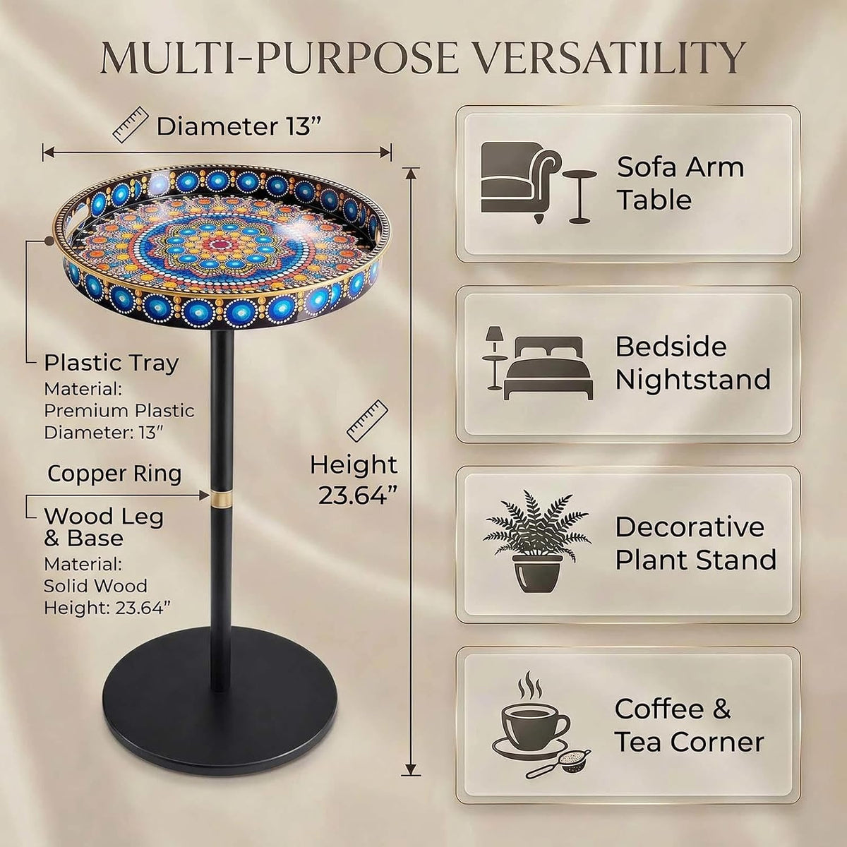 Gesodant Boho Single Leg Round Side Table with Tray Top, Pedestal Drink Table for Small Spaces, Aesthetic Accent Nightstand for Living Room, Bedroom, Corners, and Office (Peacock)