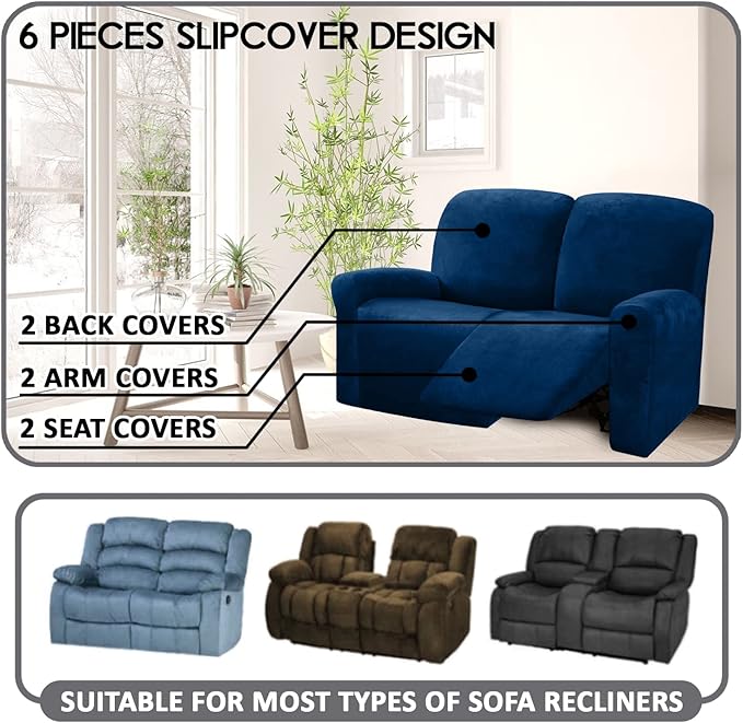 ULTICOR Reclining Love Seat Slipcover, 6-Piece Velvet Stretch Loveseat Recliner - Image 2