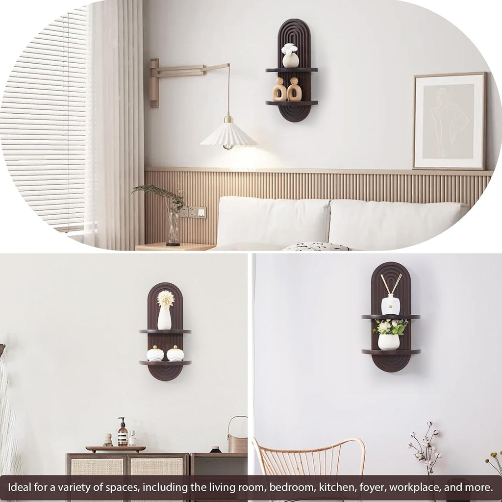 Wood Arched Floating Wall Shelf, Modern Wall Art Trinket Shelf Dark Brown