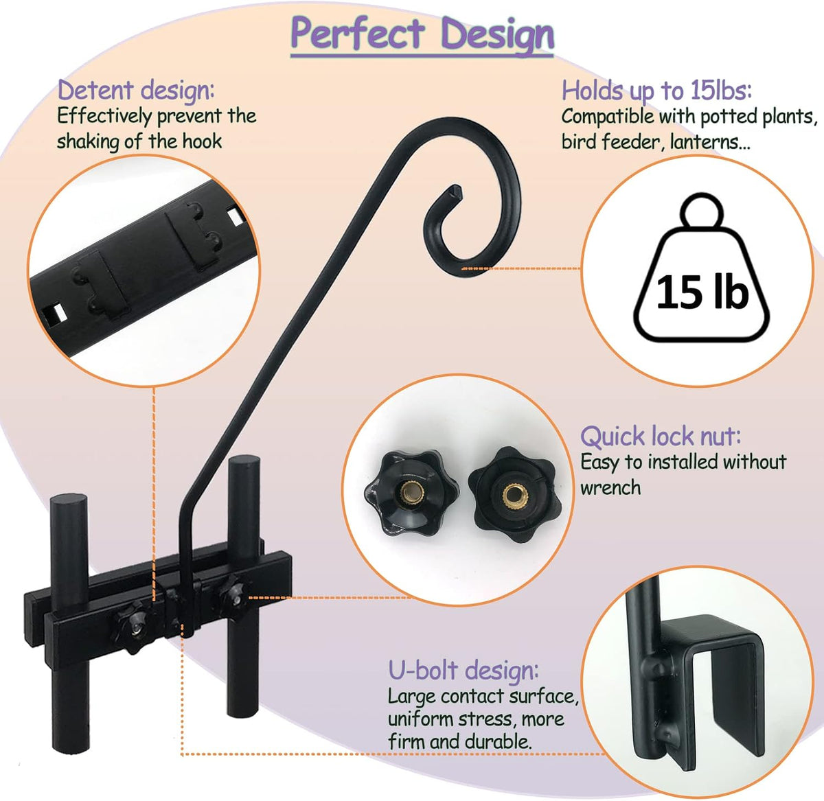 Deck Hook Rail Suitable for Hanging Flower Baskets Wind Chimes Planters Bird Feeders Lights, Heavy Duty Fence Deck Hook Rail Holds up to 15lbs with Ease Note: Pole Length: 16.5 inches