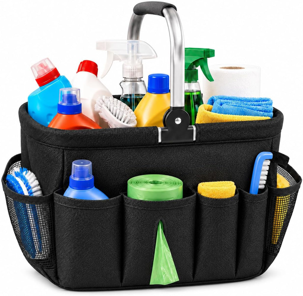 20L Foldable Cleaning Caddy with Handle, Black Storage Basket