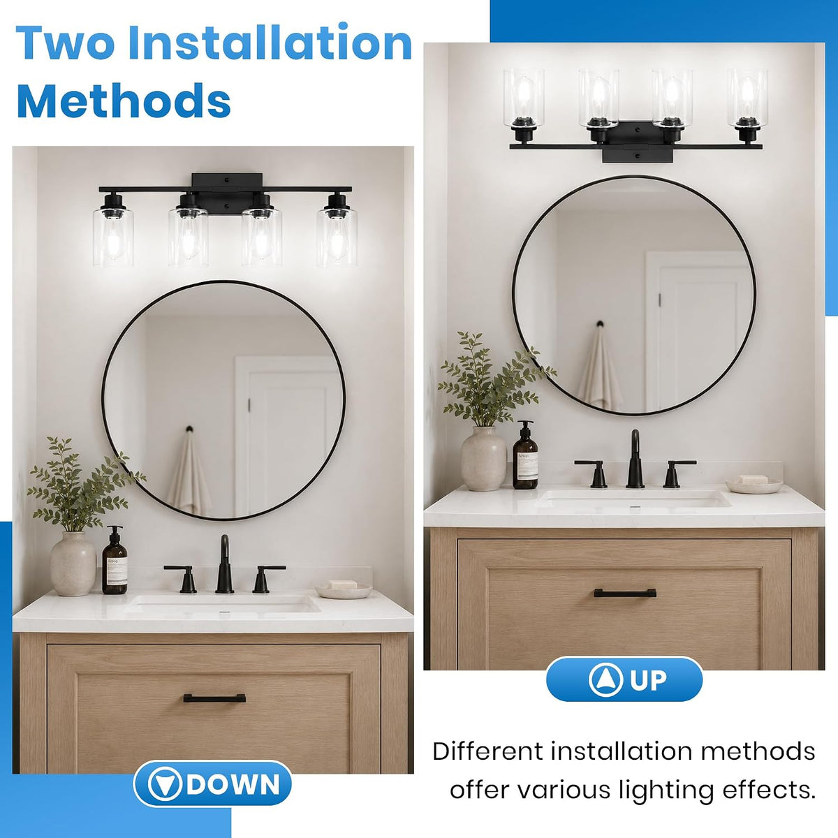 Ascher 4 Light Bathroom Light Fixture, Matte Black Bathroom Lighting Fixtures Over Mirror, Vanity Light with Clear Glass Shade, Wall Sconce for Living Room Bedroom Cabinet, E26 Base