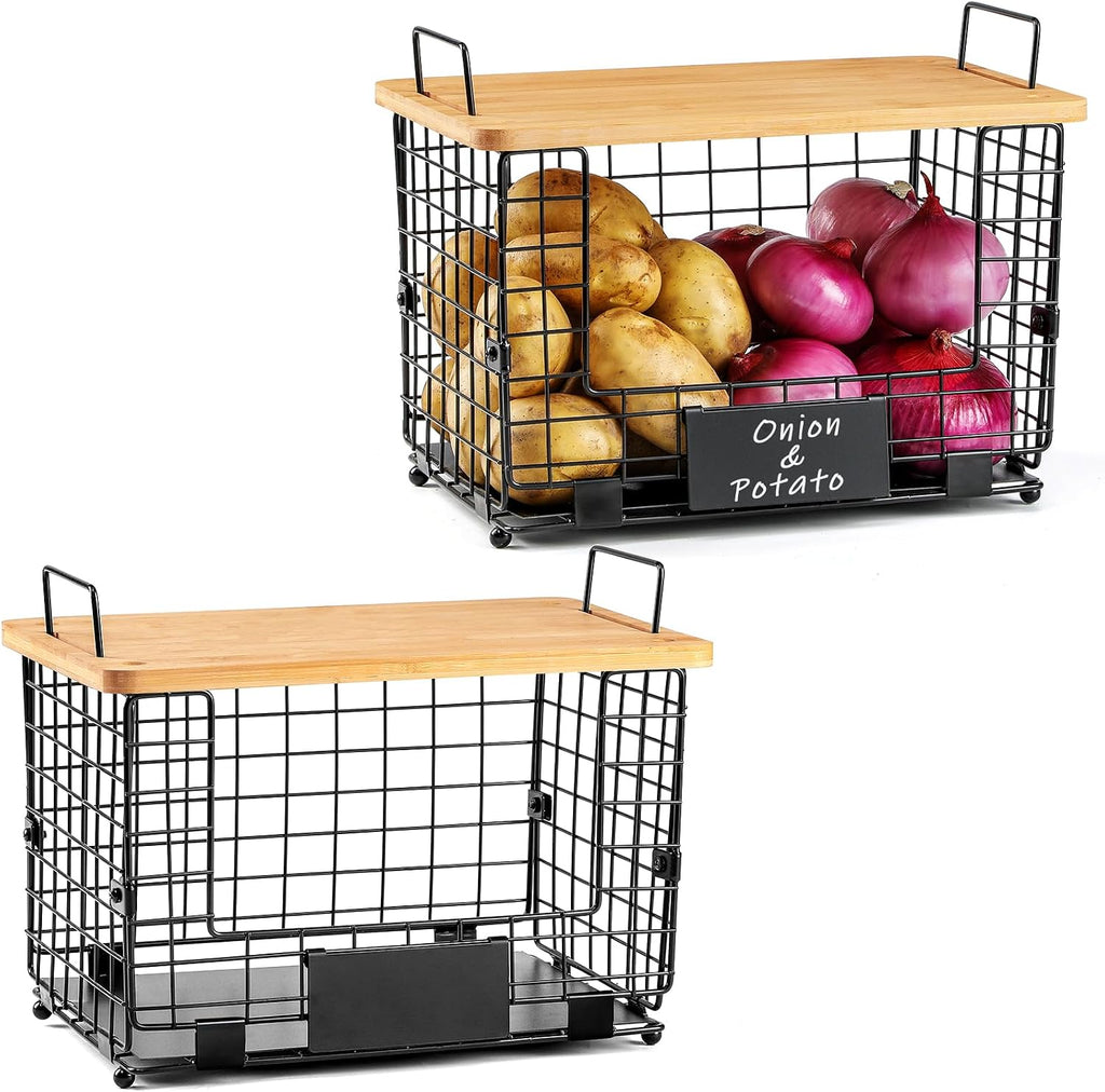 2 Set XL Stackable Wire Basket with Bamboo Tops & Tags- Pantry Organizer and Storage Bins, Kitchen Counter Cabinet Shelf Countertop Under Sink Organizing, Food Snack Produce Onion Potato Bread Storage