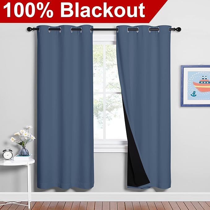 NICETOWN 100% Blackout Curtains Thermal, Stone Blue, 1 Pair, W37 x L70 - Image 2