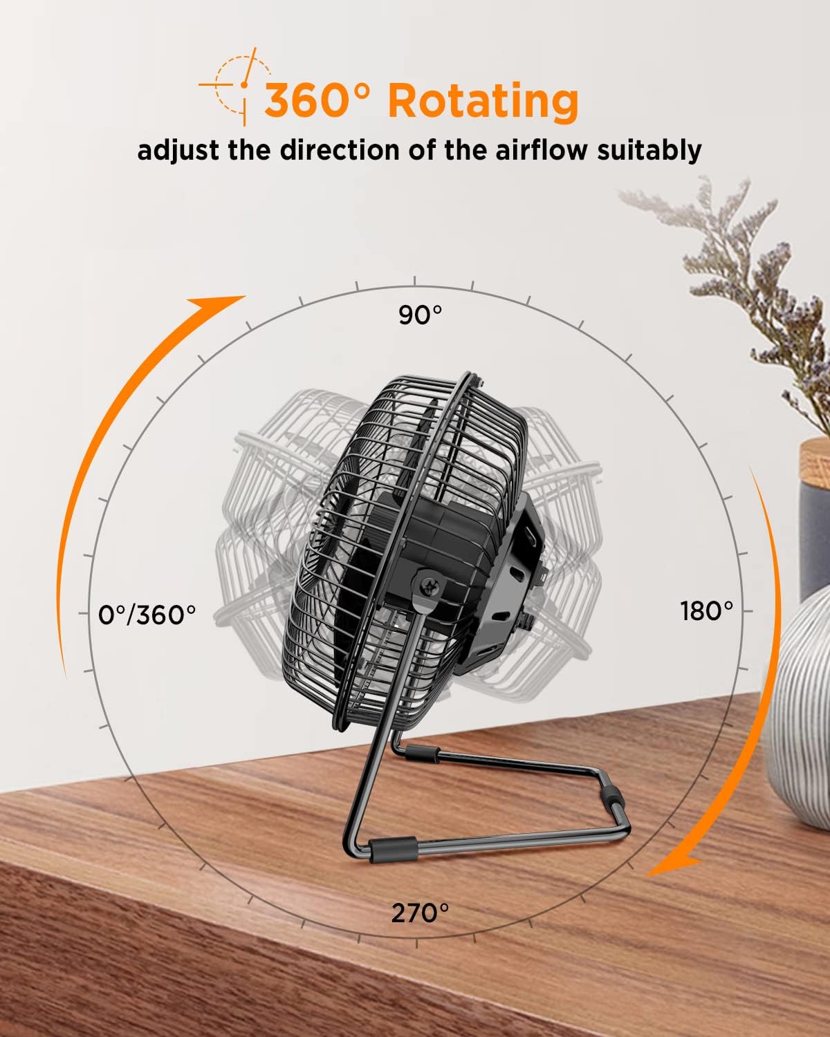EasyAcc 5 Inch USB Desk Fan, Small USB Desk Fan, [Small Quiet Strong Airflow and 360° Rotating Personal Table Cooling Fan] USB Powered Portable Fan, 2 Speed（3.3~4.1 M/S Black (USB POWERED ONLY)