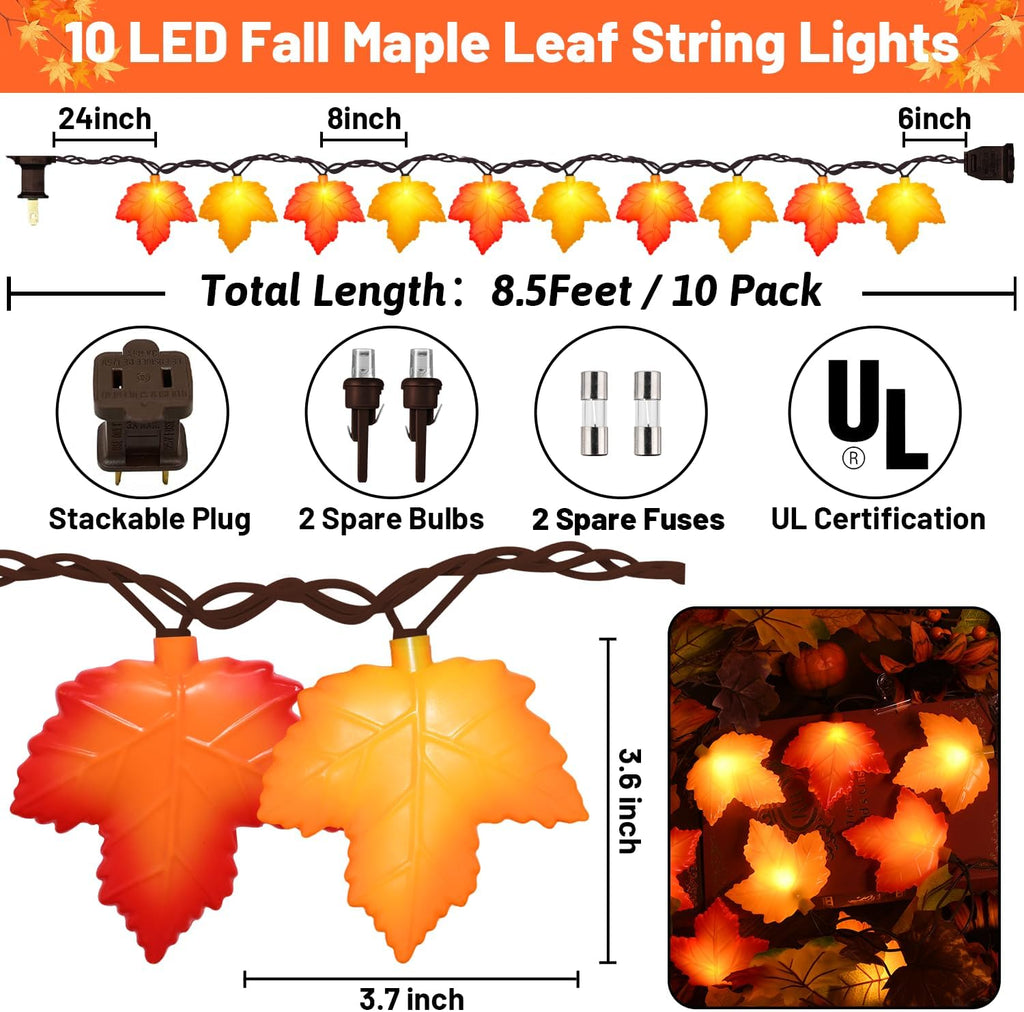 Fall Decor Maple Leaf Lights, 8.5Ft Fall String Lights Plug In with 10 LED Orange & Yellow Maple Leaf Light, Fall Leaves Light Indoor Outdoor for Home Fireplace Party Harvest Thanksgiving Decorations