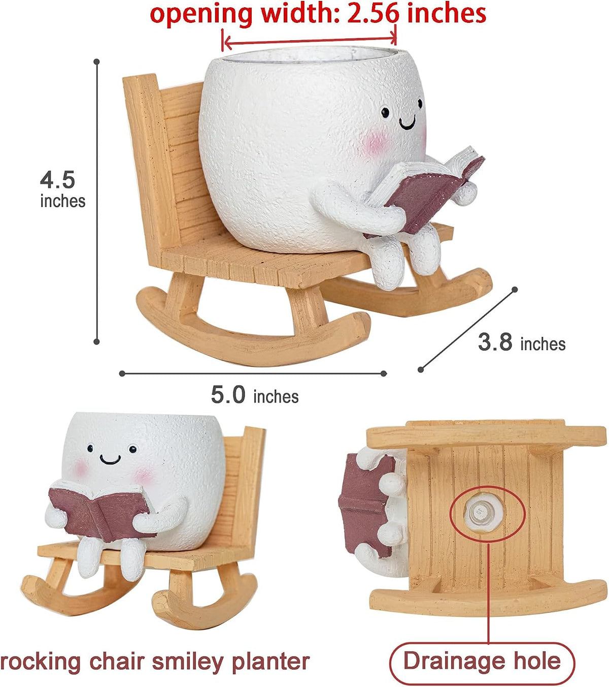 Rocking Chair Smily Face Planter with Drainage Hole, Cute Plant Pots for Indoor Outdoor Plants,Unique Funny Flower Pot for Succulents,Gift for Mother's Day, Birthday, Christmas(White)