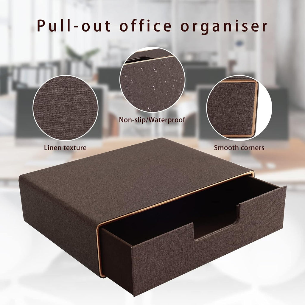Stackable Organizer Drawer Classic Brown Pu Leather Handmade,Organize Home Office Desk Accessories and Sort Letter-Size Paper/a4 Document,Desk Caddy with Drawers Storage Box,13.1x10x3.7inches