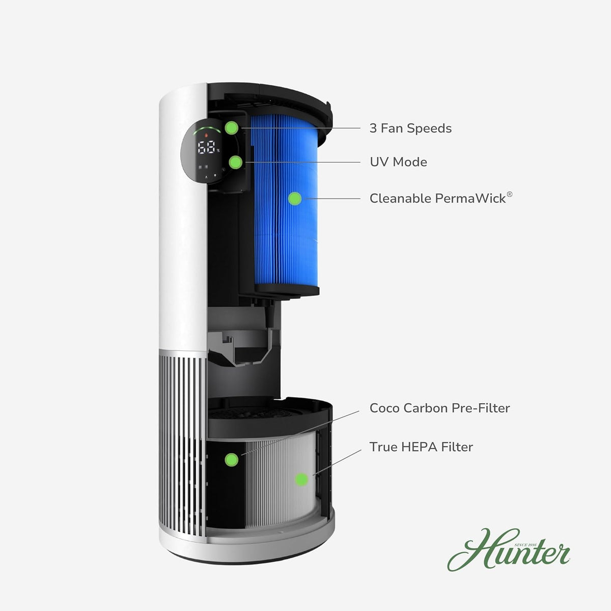 Hunter HPH625 True HEPA Air Purifier Humidifier, 445 Sq Ft, Black/Silver