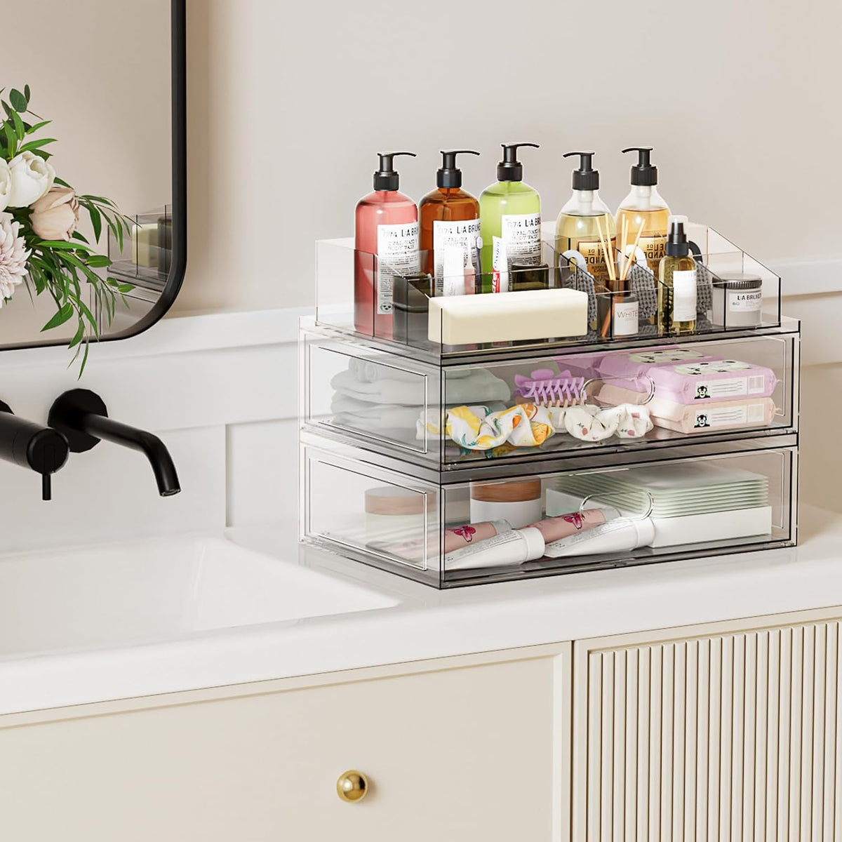 Clear Stackable Makeup Organizer with Drawer, 12''W Acrylic Storage Drawers