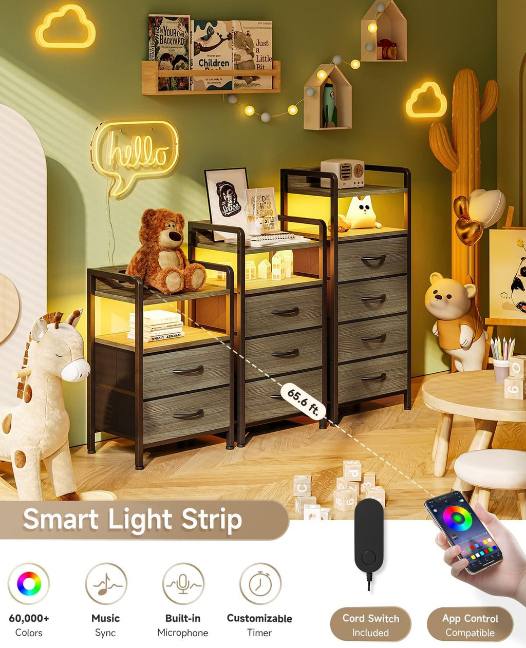 Lazzanto Nightstand with Rear Charging Station, LED Light, 2 Drawers, Grey