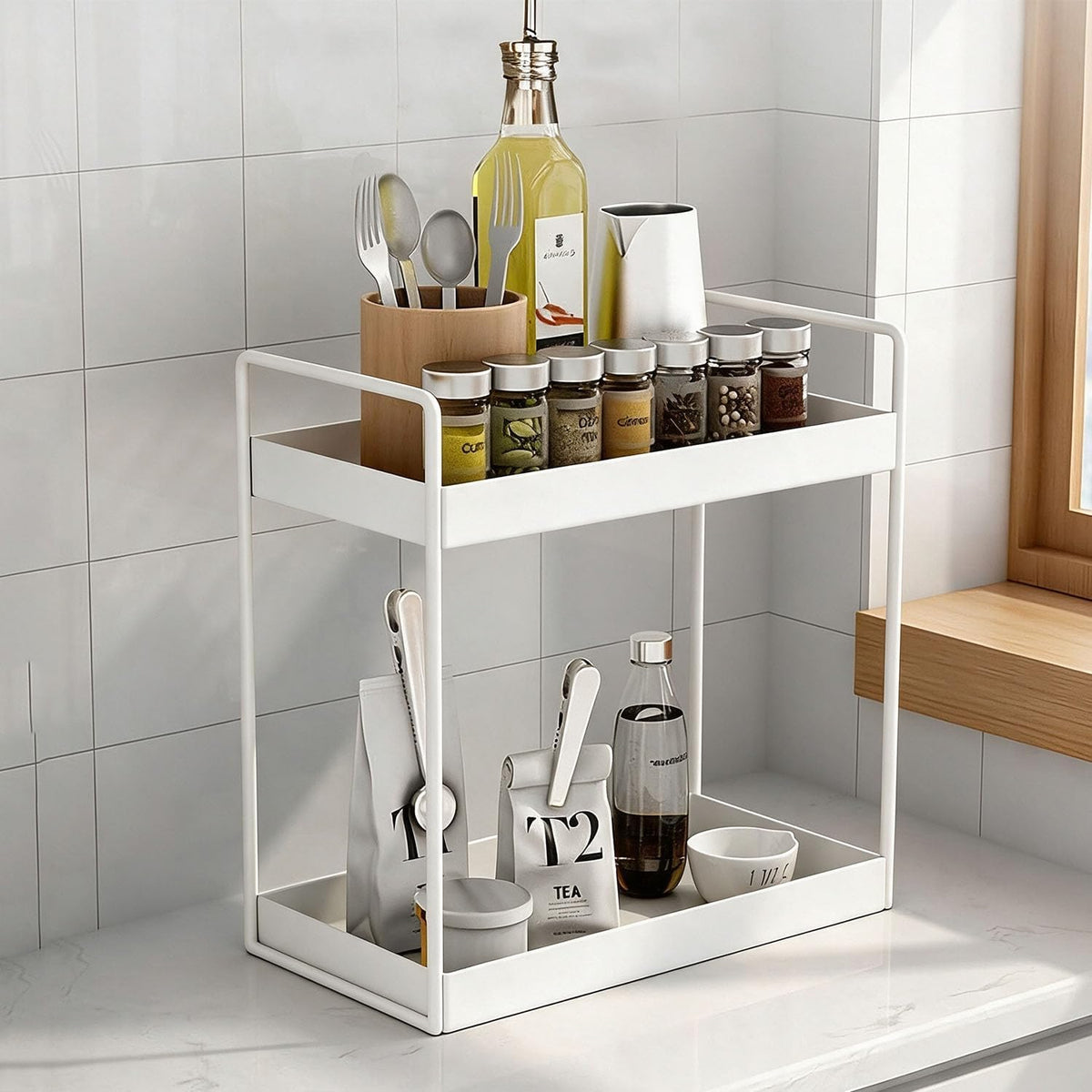 2 Tier Bathroom Counter Organizer, Vanity Storage Shelf, White