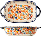 Vintage Flowers Style Ceramic Bakeware Casserole Dish Baking Pan Lasagna Pans Baking Dish with Handles for Oven/Cooking/Kitchen-1 PCS-Red Flowers-60 OZ
