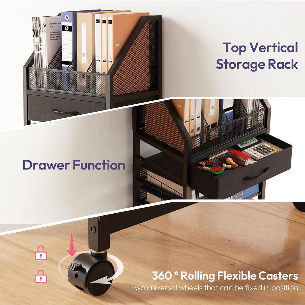 9-Tier Rolling File Cart - Paper Organizer with Drawer and Trays, Wood Desk Office Organizer, Office Organization and Binder Storage for Workspace, Home, School, Black