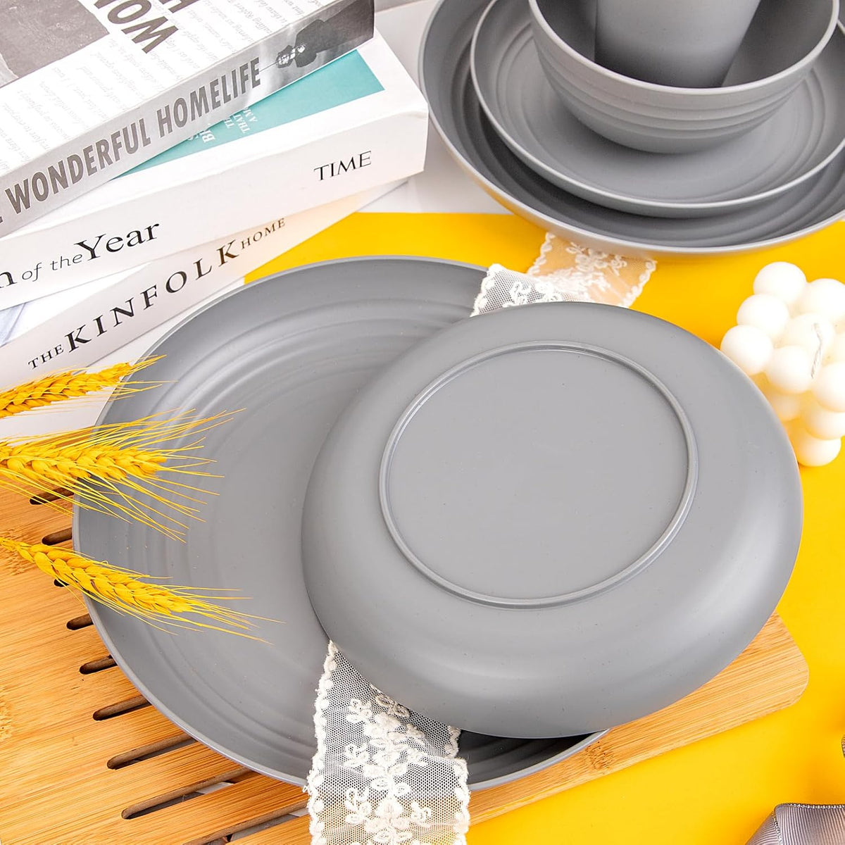 LIYH Grey 48 Pcs Unbreakable Wheat Straw Dinnerware Sets RV Camper BPA