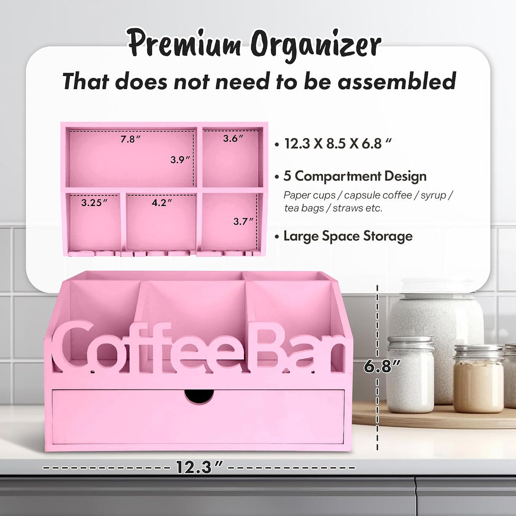 Coffee Bar Organizer Countertop, Wood Coffee Station with Drawer, Pink