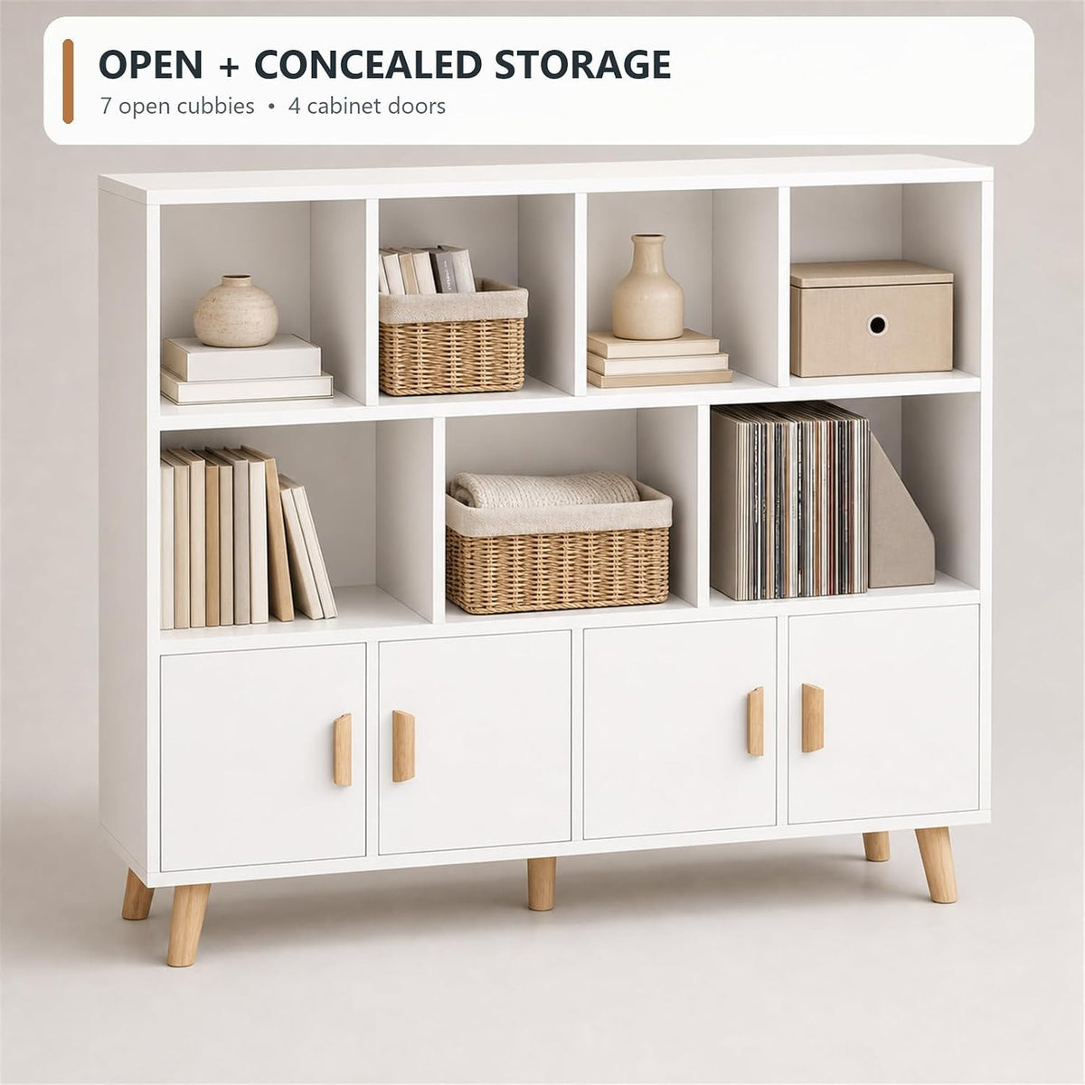 OSCHF 11-Cube Bookcase with Doors, 3-Tier Storage Cabient, Warm White