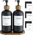 MASADI Black Soap Dispenser Set with Tray, Dish and Hand soap Lotion Dispenser Set with Wooden Pump for Kitchen and Bathroom Decor for Counter, Modern Vintage Liquid Soap Dispensers